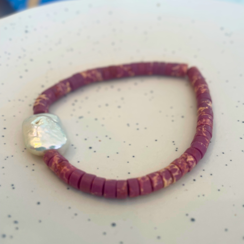 Beaded Pearl + Cerise Bracelet